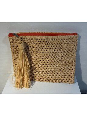 Mar Y Sol Woven Raffia Clutch Orange Zipper & Tassel 8.5 x 6.5" Handmade